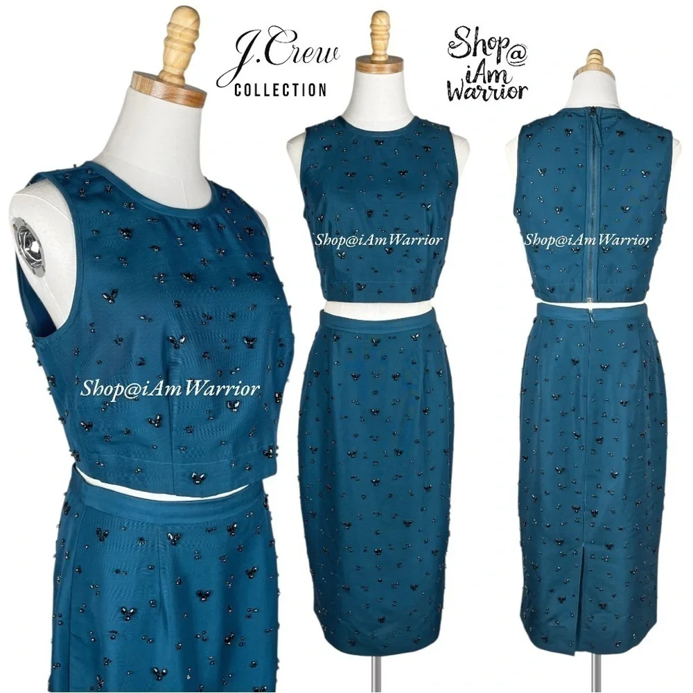 J.Crew Collection 2PC teal beaded crop top & pencil midi skirt *shop@iamwarrior